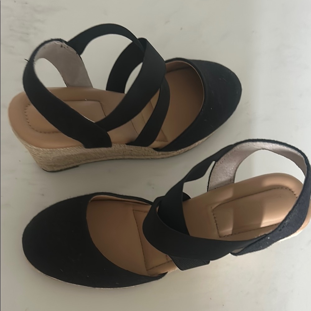 Me Too Black and Tan Wedge Sandals